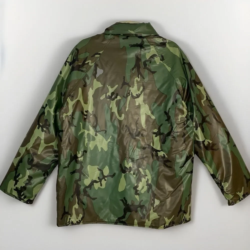 VTG Duck Bay Mens M Camo Rain Jacket Hood Quilted Lined PVC Woodland Camouflage